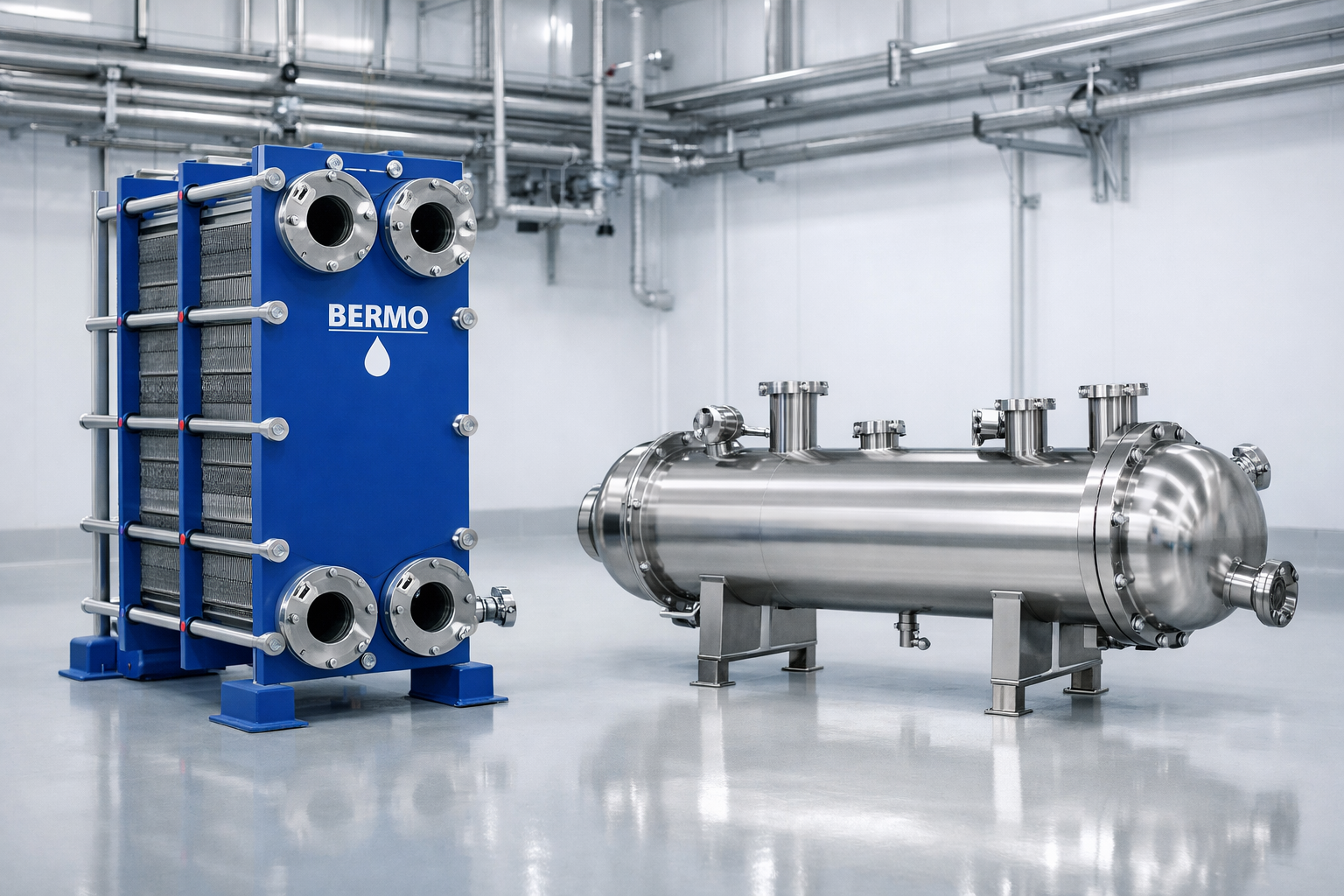 Composicao com trocador a placas azul e trocador casco e tubo inox