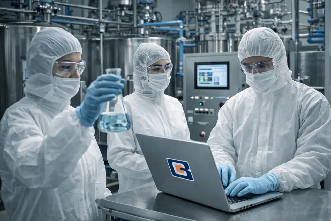 Ambiente de produção farmacêutica com equipamentos em aço inox